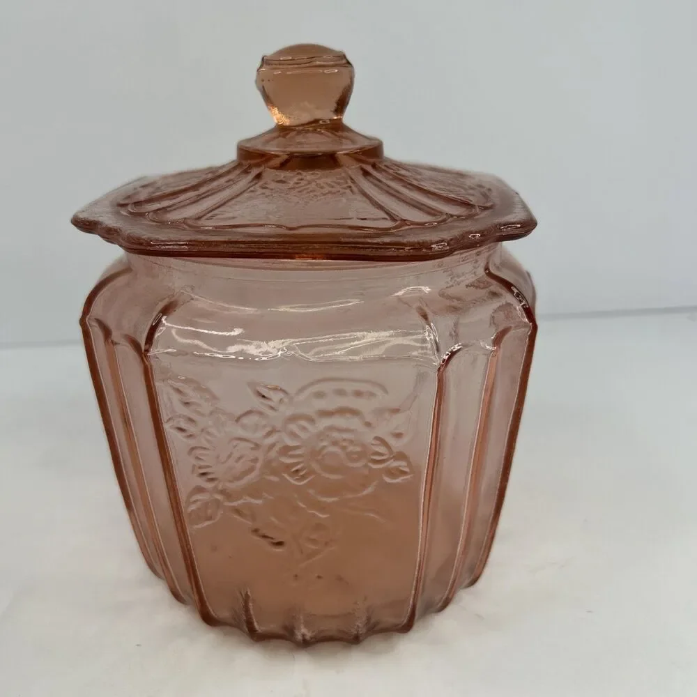 Vintage Pink Depression Glass Cookie Jar Mayfair Open Rose Anchor Hocking Lid